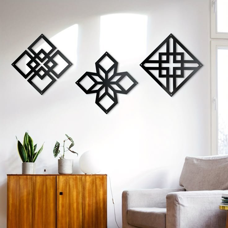 3-osainen sarja neliönmuotoista metalliseinätataidetta - Musta geometrinen seinäkoriste moderniin ol...us - Geometrinen kuvio - Äitienpäivälahja - Joulu-, -, isänpäivä- ja äitienpäiväaiheinen - Vaakasuuntainen suuntaus
